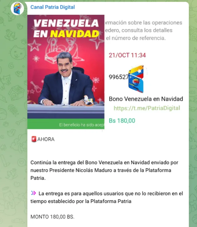 El Bono Venezuela en Navidad fue el Primer Bono Especial de este mes y se entregó hasta el 21 de octubre. Foto: Canal Patria Digital/ Telegram