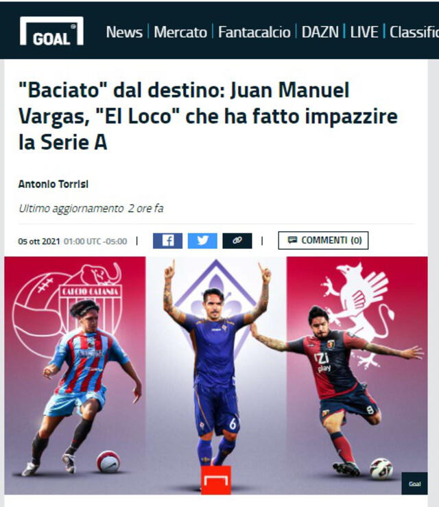 El portal Goal.com, en su edición italiana, destacó la trayectoria de Juan Manuel Vargas en la Serie A.