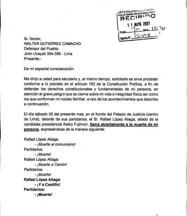 Foto: captura documento de Castillo presentado ante la Defensoría.