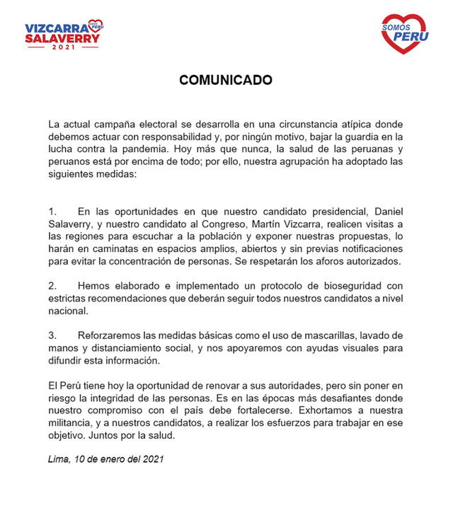 Comunicado Somos Perú. Foto: Twitter/@SomosPeruOf