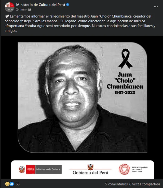 Ministerio de Cultura informa la muerte de Juan 'Cholo' Chumbiauca