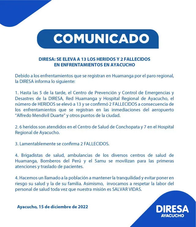 La Diresa de Ayacucho comunicó el fallecimiento de dos personas en los enfrentamientos de dicha región. Foto: Diresaa Ayacucho