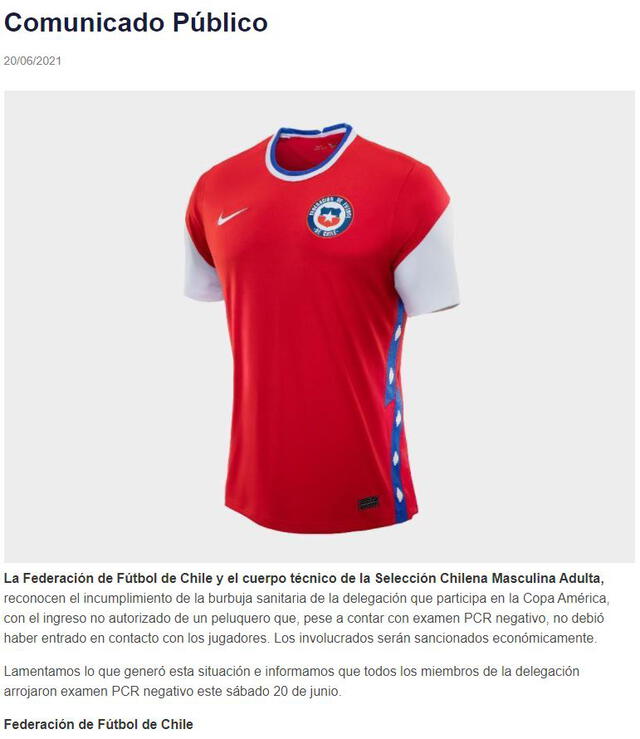 Comunicado de la selección chilena sobre la falta en la Copa América 2021