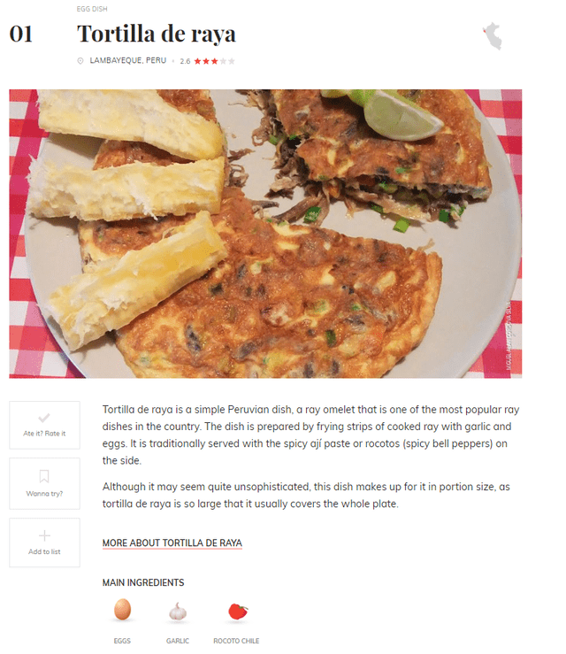  La descripción de la tortilla de raya en Taste Atlas. Foto: Taste Atlas   