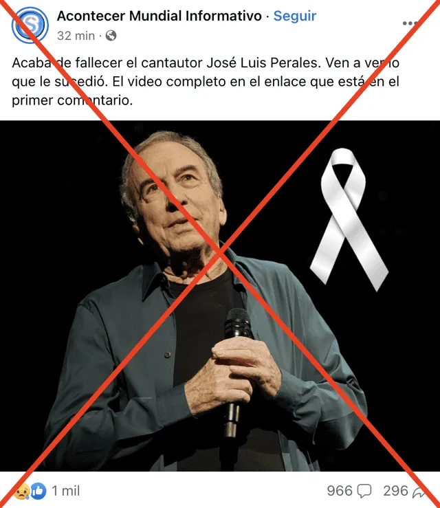 Publicaciones de redes sociales difundieron información falsa sobre la salud de José Luis Perales. Foto: captura de Facebook   