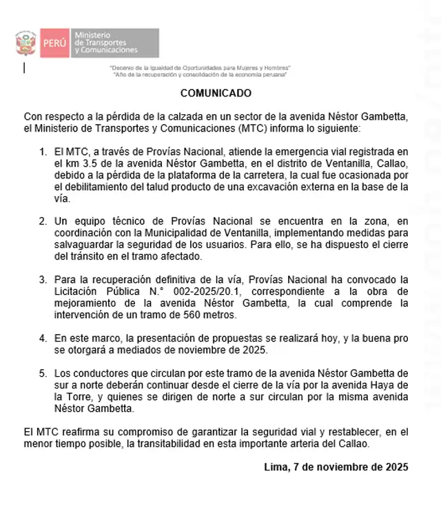 El MTC se pronunció tras los hechos por medio de un comunicado.    