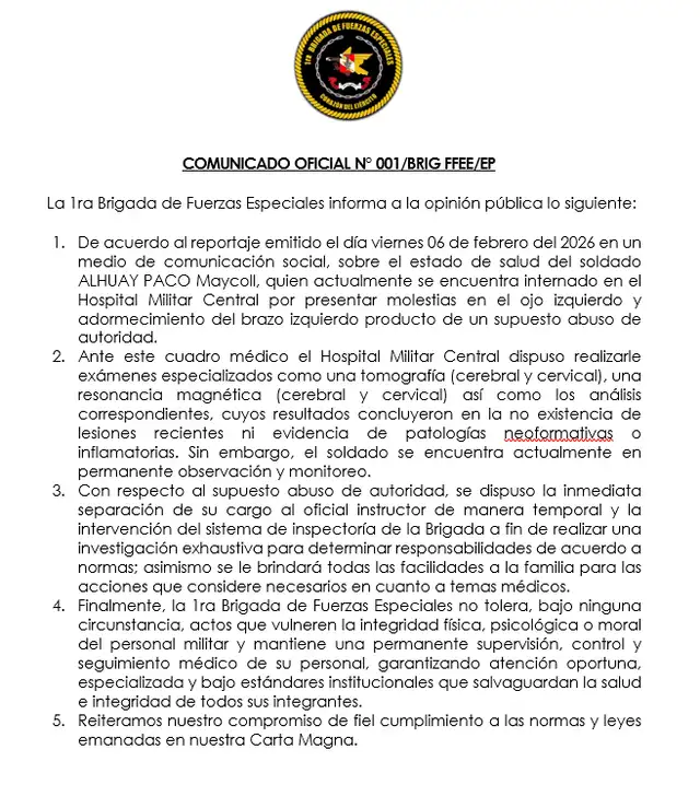  Comunicado sobre la denuncia de Bryan Alhuay. Foto: Comunicado Ejército.   