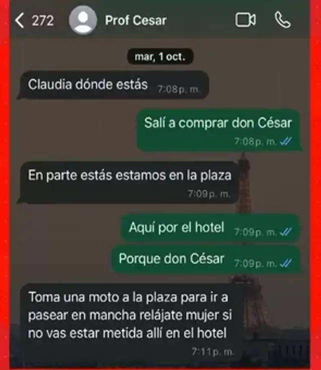 Chats entre César Sánchez y Claudia Salazar, de La Bella Luz. Foto: América TV. Chats entre César Sánchez y Claudia Salazar, de La Bella Luz. Foto: América TV.