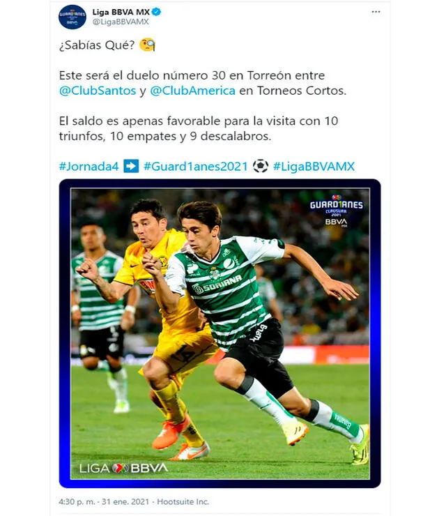 Santos vs. América EN VIVO HOY por el Torneo Guard1anes 2021. Foto: LigaBBVAMX/Twitter