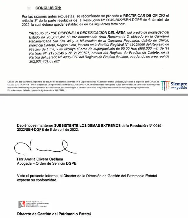 Documentos de la SBN suscritos por Flor Olivera a favor de la empresaria Sada Goray.