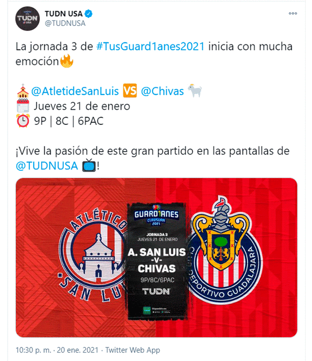 Atlético San Luis vs. Chivas EN VIVO HOY por TUDN. Foto: TUDNUSA / Twitter