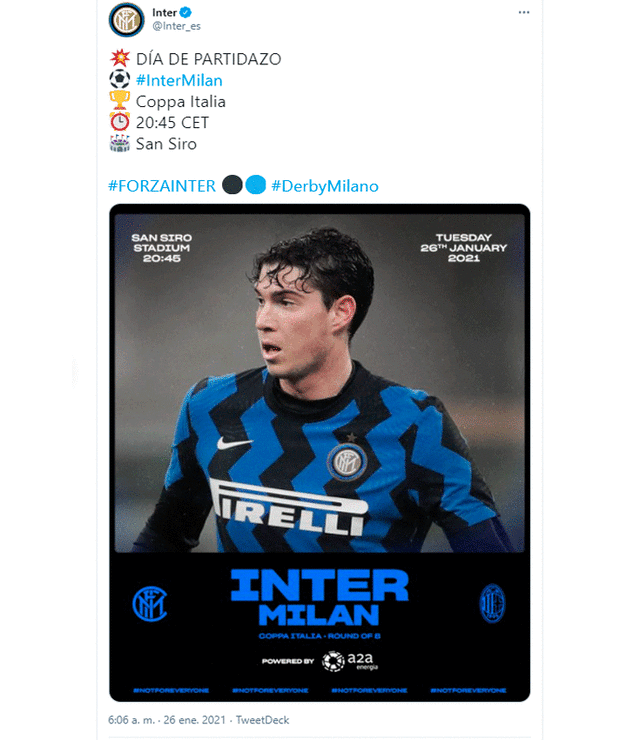 Inter vs. Milan EN VIVO HOY por la Copa Italia. Foto: Inter_es/Twitter