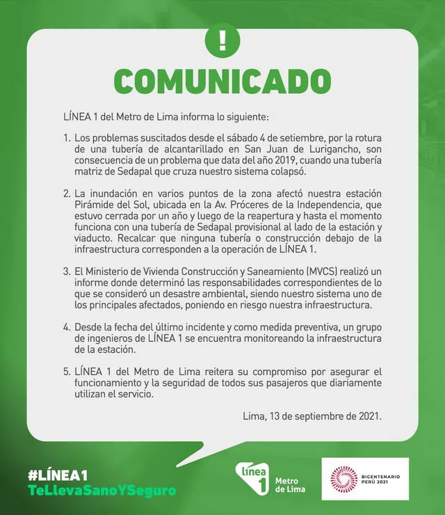 Línea 1 del Metro de Lima publicó comunicado oficial en sus redes sociales