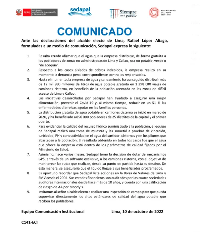 Pronunciamiento de Sedapal. Foto: Twitter