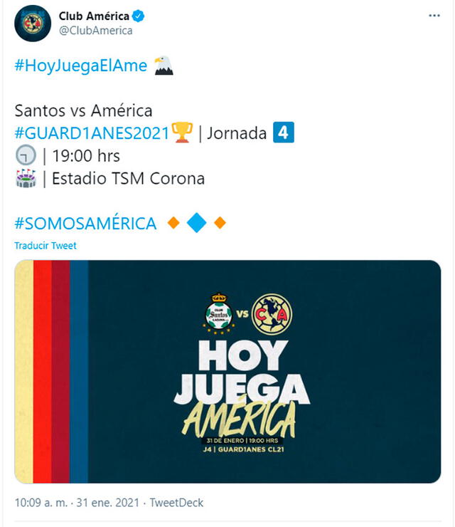 Santos vs. América EN VIVO HOY por el Torneo Guard1anes 2021. Foto: ClubAmerica/Twitter