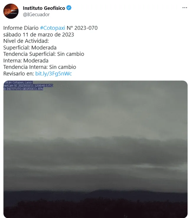  Último reporte de actividad del volcán Cotopaxi registrado el 11 de marzo de 2023. Foto: IGecuador/ Twitter   