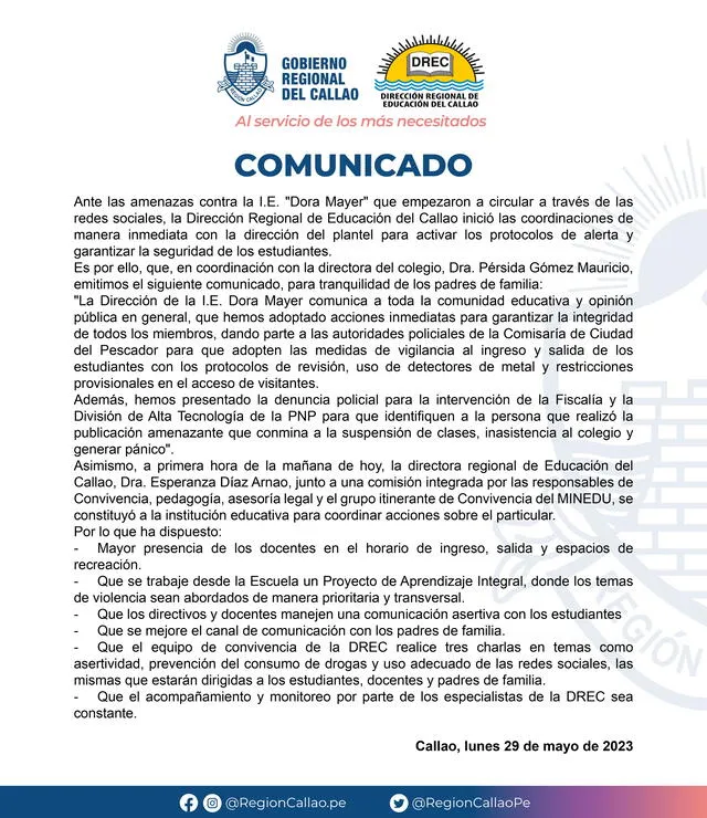  Comunicado de colegio Dora Mayer   