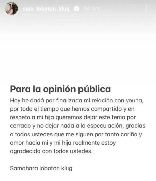  Samahara Lobatón publicó comunicado sobre el término de su romance con Youna. Foto: Instagram/Samahara Lobatón   