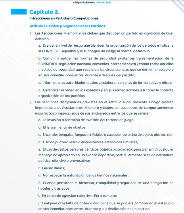 Puntos sobre las infracciones de los hinchas. Foto: Código Disciplinario Puntos sobre las infracciones de los hinchas. Foto: Código Disciplinario