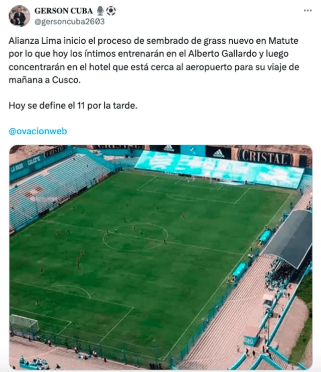 Alianza Lima no pudo entrenar en Matute debido a las remodelaciones. Foto: Twitter/Gerson Cuba   
