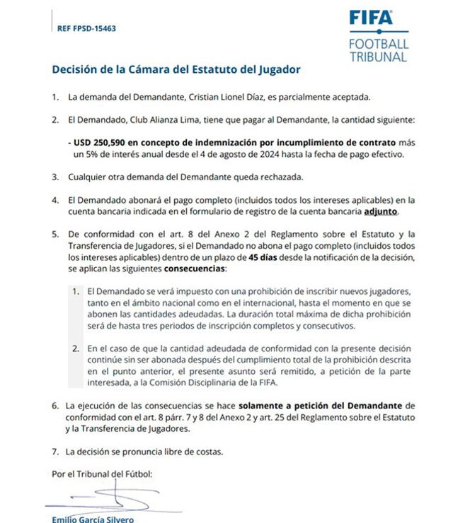 Fallo del organismo en contra de Alianza Lima. Foto: FIFA   