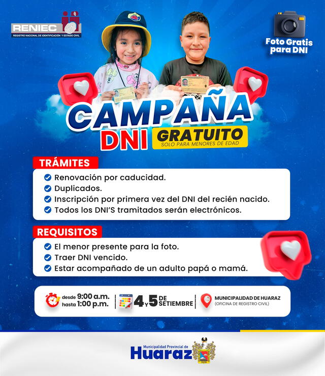 DNI electrónico gratis. Foto: Municipalidad de Huaraz. DNI electrónico gratis. Foto: Municipalidad de Huaraz.