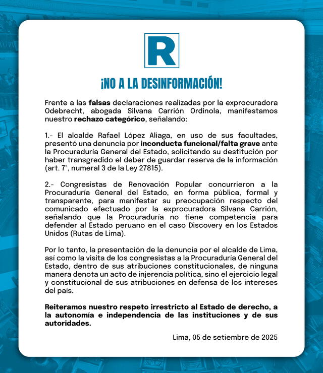 Comunicado Renovación Popular. Foto: X 