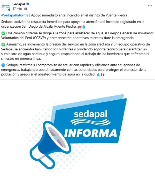 Comunicado de Sedapal tras el incendio registrado en Puente Piedra   