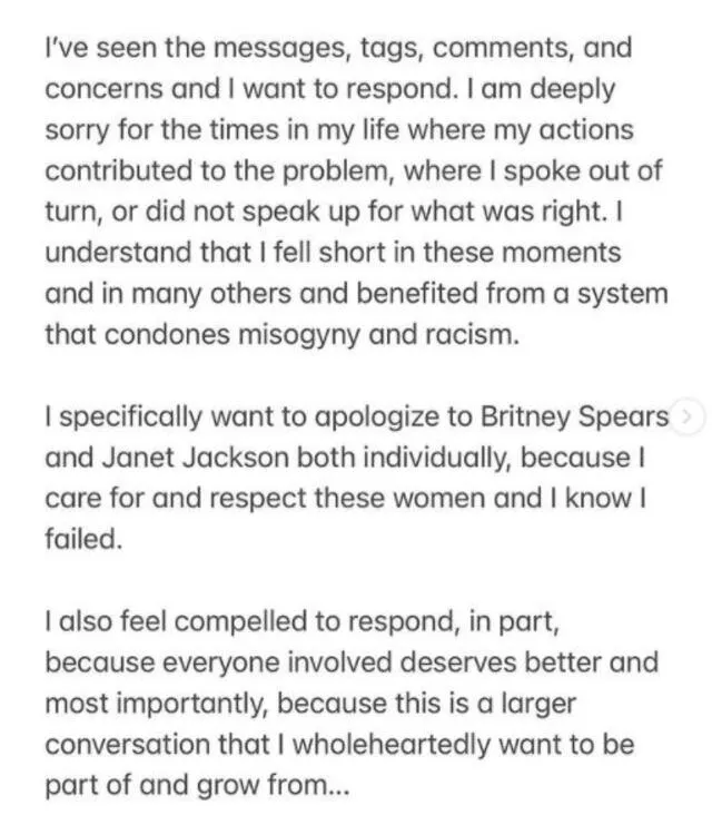 Publicación en Instagram de Justin Timberlake en la que pide disculpas a Janet Jackson y Britney Spears. Foto: captura Instagram Justin Timberlake