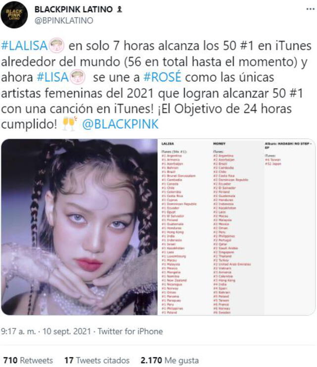 Lisa de BLACKPINK en las listas de iTunes. Foto: Blackpink latino