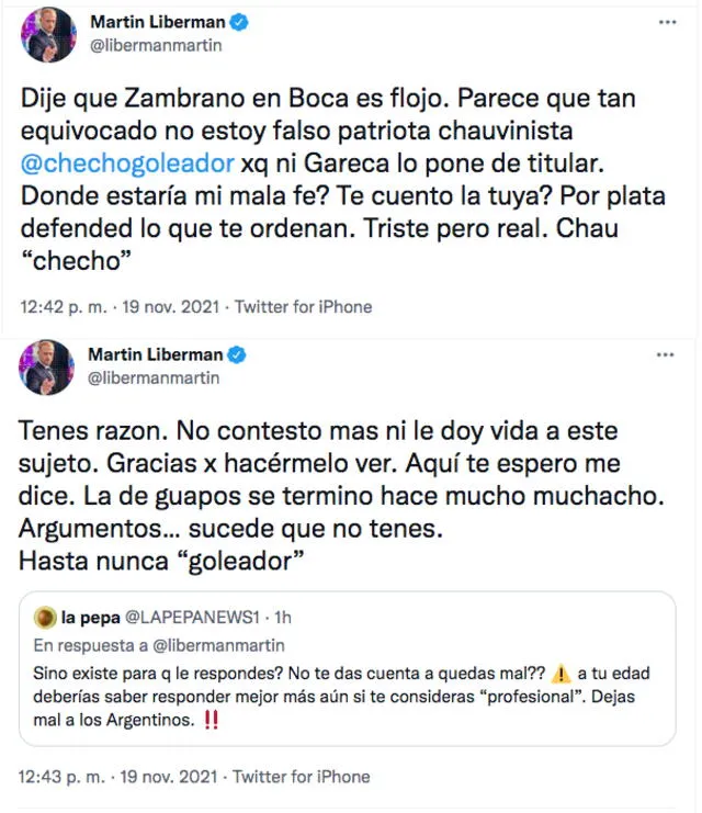 Respuesta de Liberman al 'Checho' Ibarra: captura Twitter Martin Liberman