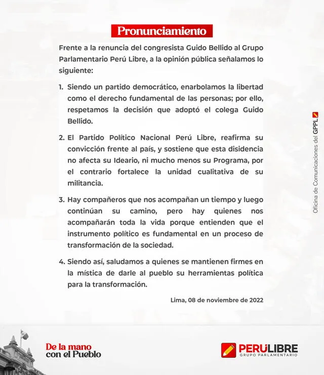 Comunicado de Perú Libre tras la salida de Guido Bellido. Foto: captura de Twitter