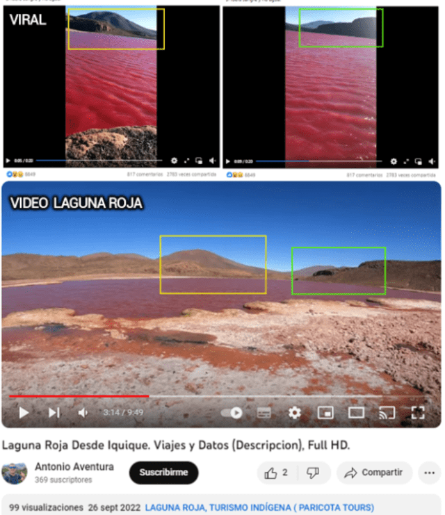  Comparación de imágenes sobre la laguna Roja de Chile. Foto: capturas/Facebook/YouTube-Antonio Aventura   