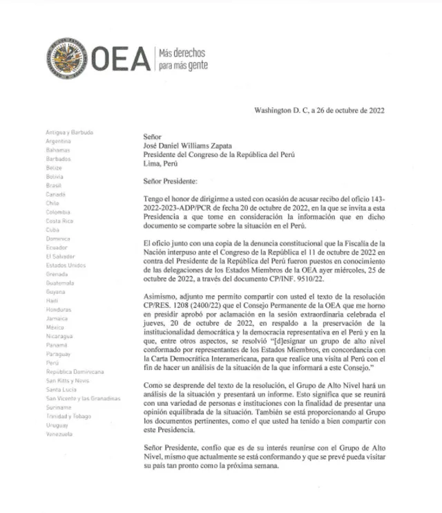 Carta de la OEA enviada al presidente del Congreso