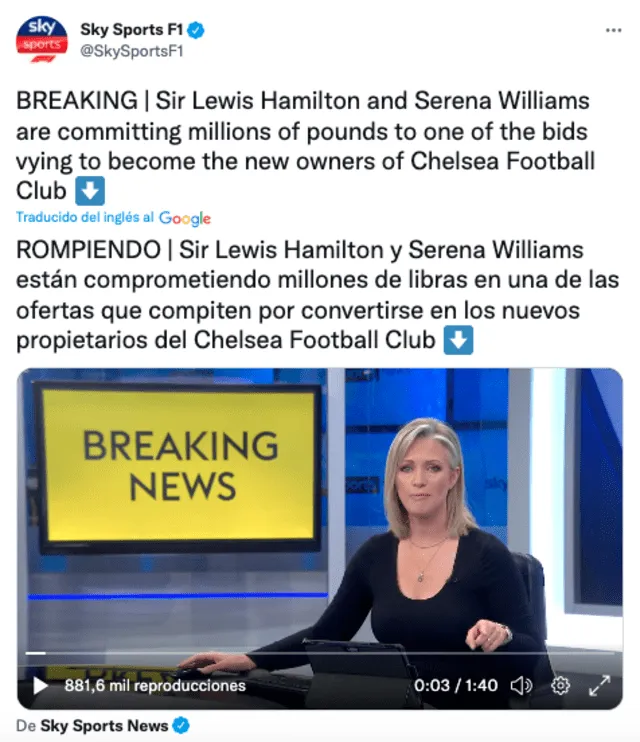 Informe de Sky Sport sobre la compra del Chelsea. Foto: captura Twitter Sky Sports