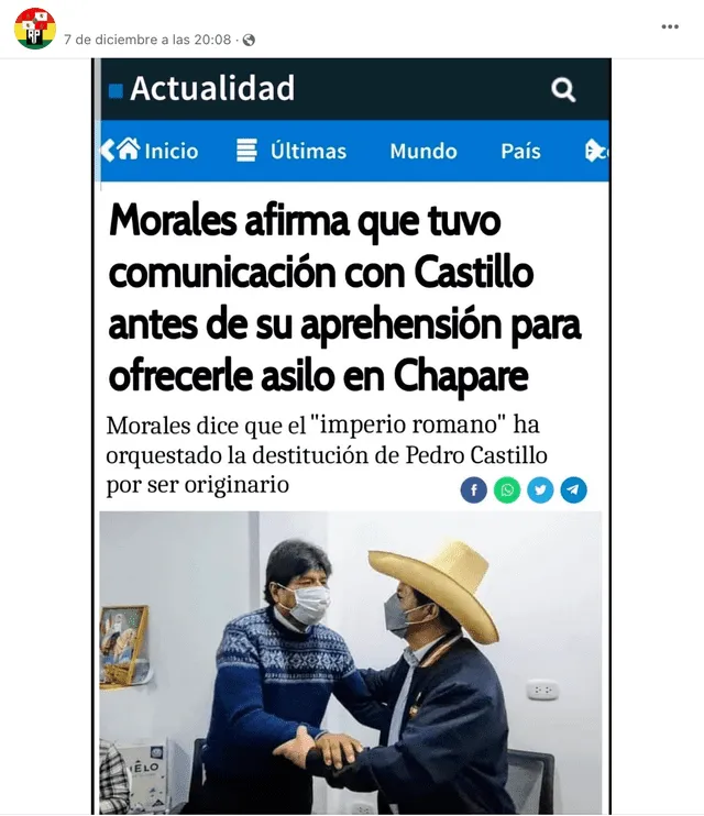 Publicación viral sobre supuesta información de propuesta de Evo Morales a Pedro Castillo. Foto: captura LR/Facebook.