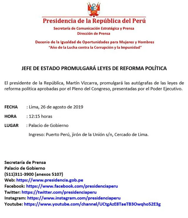 Anuncia de promulgación de leyes.