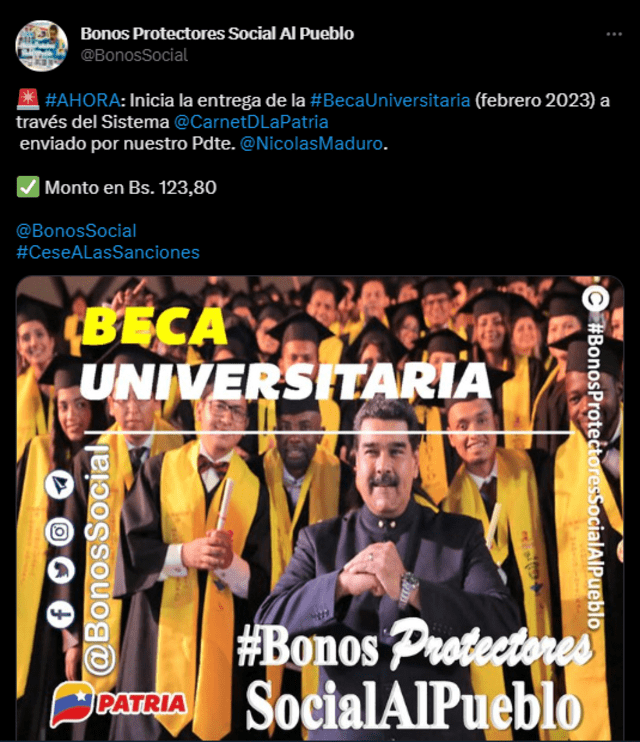 El Bono Beca Universitaria tiene un monto de 123.80 bolívares. Foto: Sistema Patria