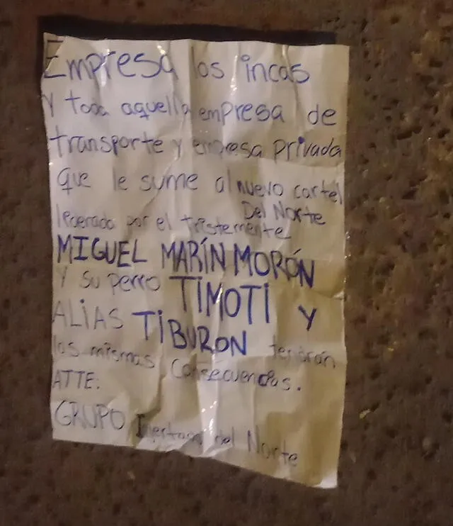  Una de las notas de extorsión contra las empresas de transporte de Lima. Foto: LR/Oscar Chumpitaz.   