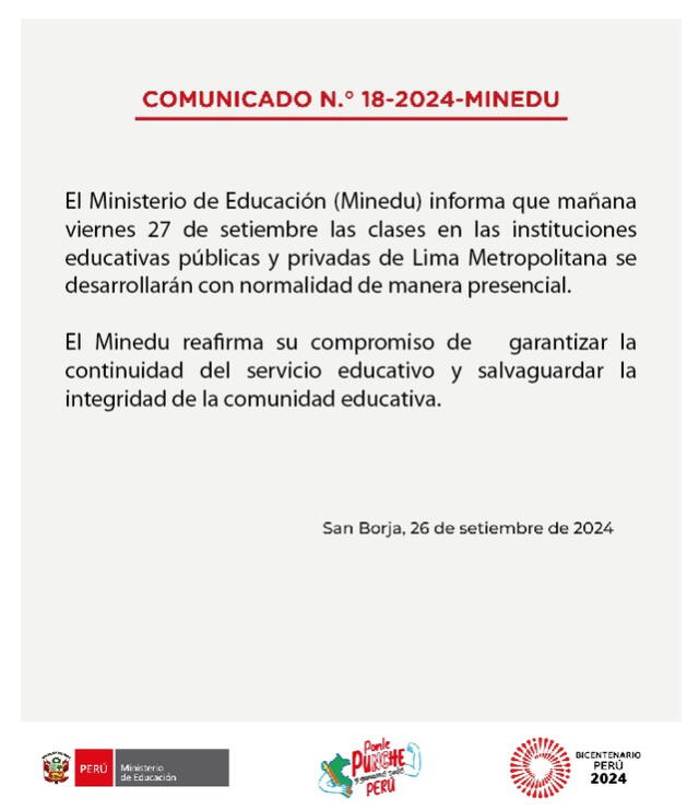 Este fue el comunicado que emitió el Ministerio de Educación. Foto: Minedu/X   