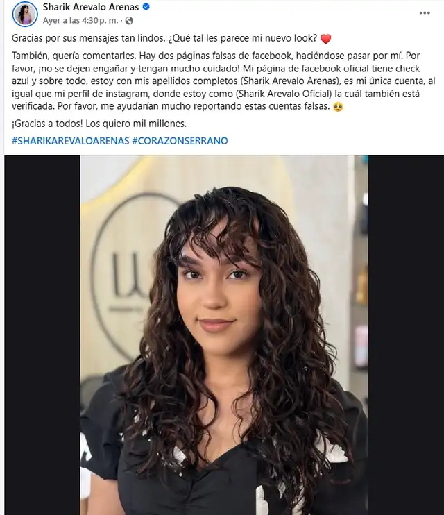 La cantante Sharik Arévalo alerta a sus fans sobre cuentas falsas en Facebook que suplantan su identidad.