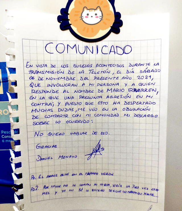 "Comunicado" de Daniel Menacho tras lo sucedido con Mario Irivarren. Foto:  Daniel Menacho/ Instagram