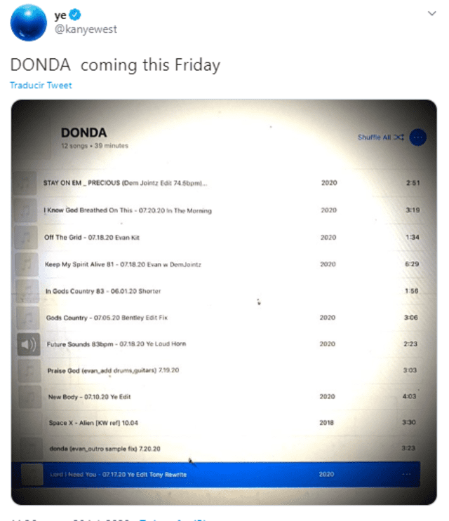 Kanye West lanza este viernes 24 de julio su disco Donda. Foto: Captura Twitter.
