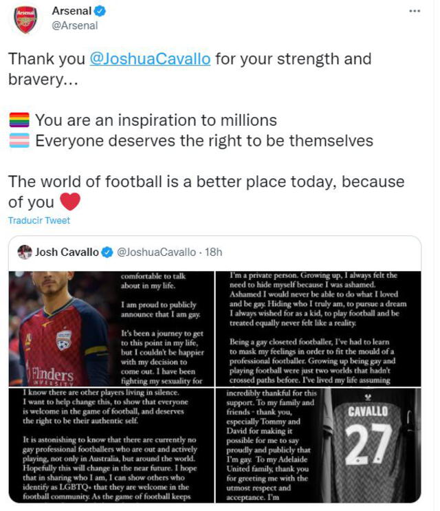 Mensaje del Arsenal como apoyo tras la revelación de Josh Cavallo