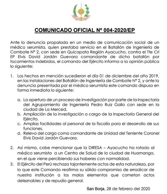 Comunicado del Ejército Peruano