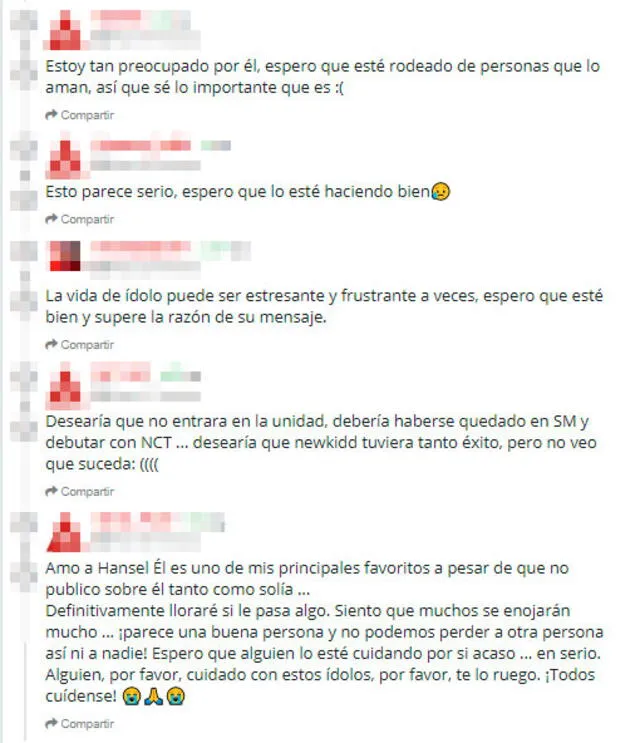 Mensajes de seguidores preocupados por la salud de Hansol de NewKidd. Foro de AllKpop.