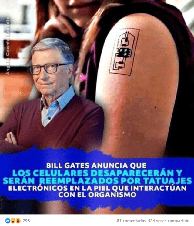 Imagen compartida en Facebook sobre el proyecto de tatuajes electrónicos financiado por Bill Gates. Fuente: Captura LR, Facebook.
