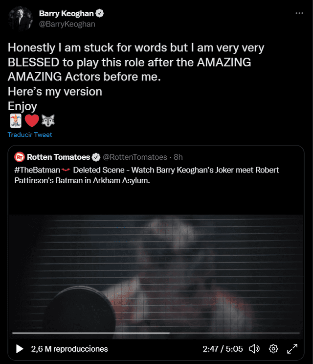 Tweet de Barry Koghan pronunciandose sobre su papel como el Joker. Foto: Twitter