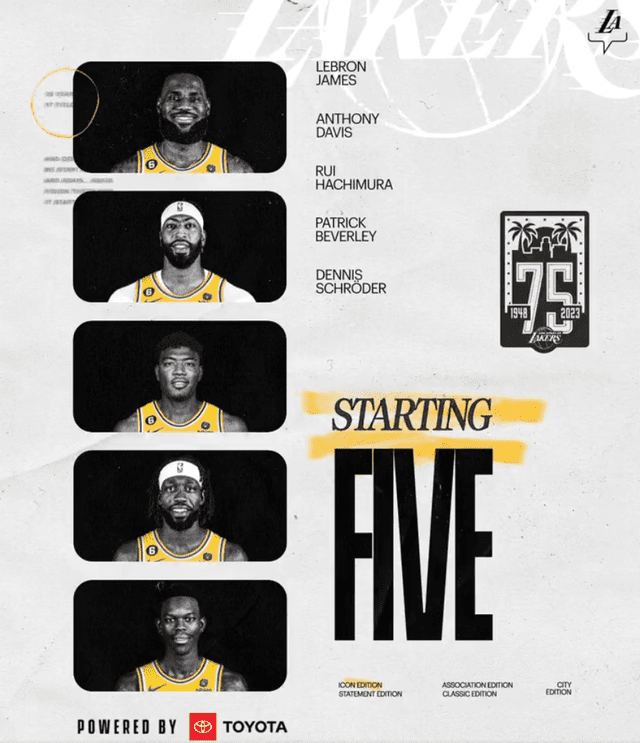 Alineación oficial. Foto: Los Angeles Lakers/Twitter   