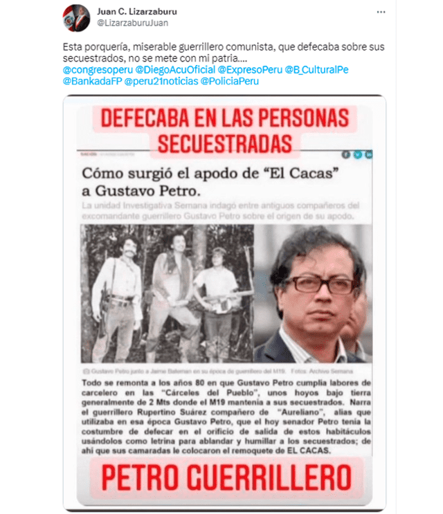 Publicación de Juan Carlos Lizarzaburu reproduciendo bulo sobre Petro. Foto: captura de Twitter/Juan Carlos Lizarzaburu   